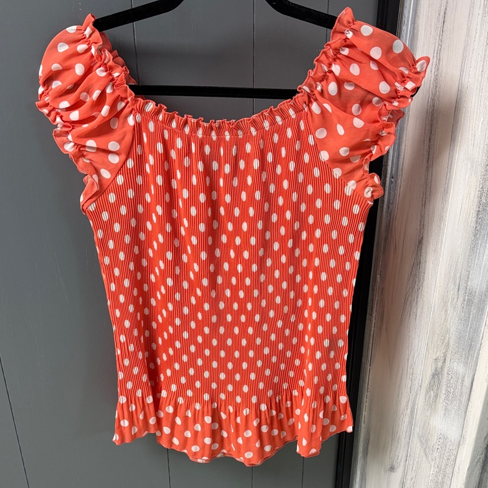 Chic Orange Polka Dot Blouse with Ruffle Accents